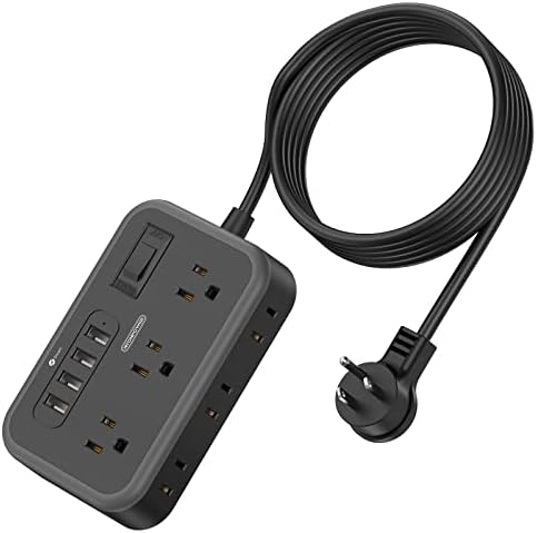 Flat Plug Extension Cord 10 Ft, NTONPOWER 6 Widely Spaced Outlet(2 Side) Power Strip with 4 USB Ports, Overload Protection, Wall Mount Charging Station for Home Office, Nightstand and dorm room, Black by NTONPOWER