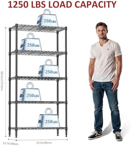 IZEUK 5 Tier Black Metal Storage Shelves, Heavy Duty Adjustable Wire Shelving Rack for Garage, Kitchen, Bathroom, Closet Organizer, 1250 lbs Capacity, 15.7" D x 33.5" W x 68.5" H - Image 3