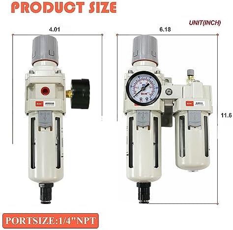 RIH Pneumatics Compressed Air Filter Regulator Lubricator Combo Water/Oil Trap Separator - Gauge(0-150 psi), Semi-Auto Drain, Poly Bowl,Bracket - 3 in 1 Two Unit (1/2“ NPT Auto Drain) - Image 2