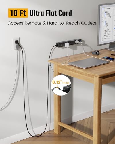 10Ft Long Extension Cord, SUPERDANNY Flat Plug Surge Protector Power Strip - Image 2