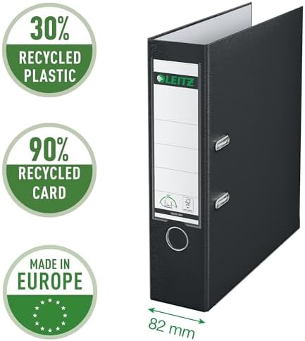 Leitz Plastic Lever Arch File, 90 Percent Recycled Card, 30 Percent Pre-Consumer Recycled Plastic, with Thumbhole and Rado Rings, 80mm Spine 600 Sheet Capacity, Black, 10101095 - Image 2