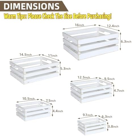 5-Piece Rustic White Wooden Crates Set, Wall Mountable Slatted Storage Crates with Handles, Farmhouse Wooden Crates for Display & Organizer for Home Decor - Image 3