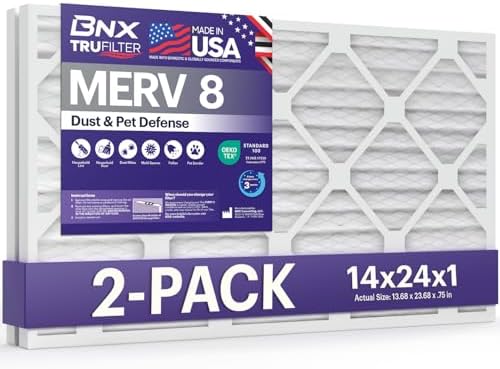 BNX TruFilter 14x24x1 Air Filter MERV 8 (2-Pack) - MADE IN USA – Dust & Pet Defense Air Conditioner HVAC AC Furnace Filters for Dust, Pet, Mold, Pollen MPR 600 – 700 & FPR 5 by BNX