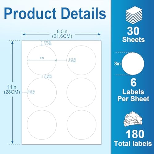 Circle Labels,3" Diameter High Visibility Round Labels,Round Sticker Labels for Laser&Inkjet Printers,30 Sheets,180 Total Adhesive Labels for Business Logos,Product&Price Tags,Pony Packaging HB-C006 - Image 2