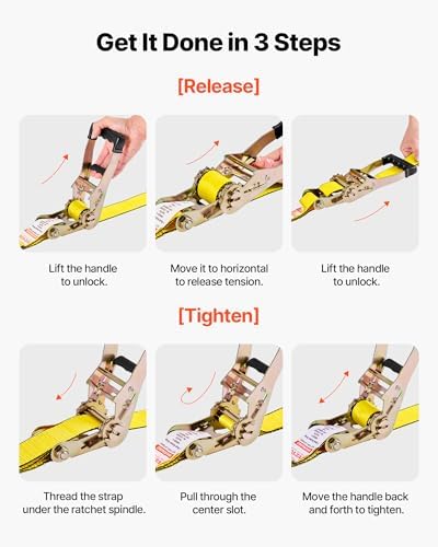 VEVOR Ratchet Tie Down Straps (4-Pack), 10000 lb Break Strength, Heavy Duty Double J Hooks, 2" x 27' with Padded Handles - Ideal for Moving, Securing Cargo, Appliances, Lawn Equipment, and More - Image 6