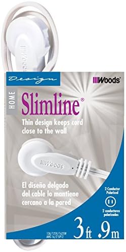 Woods Slimline Extension Cord - 16/3 Indoor Flat Plug with Right Angled Design - 3 Polarized Outlets - PVC Jacket - Space Saving - Neutral White - 16 Gauge - 3 Feet (Pack of 12) by Woods