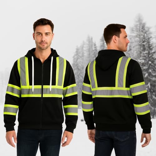 TCCFCCT Safety Jackets for Men Reflective Safety Work Hoodies, Class 3 High Visibility Hoodie for Men Women, Hi Vis Hoodies for Surveyors, Dirt-resistant, WLD-Black with Green Strip L - Image 5