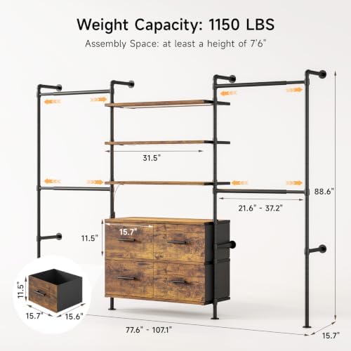 Wall Mounted Garment Rack, Walk-in Closet System, Pipe Clothing Rack Brown - Image 2