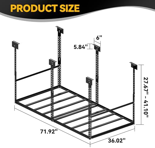 3x6 Ft Overhead Garage Storage Rack, 28-41 inch Height Adjustable Ceiling Mounted Organization Rack, 450 lbs Weight Capacity, 36"x72" Metal Rack for Garage Storage with Hanging Rods - Image 5