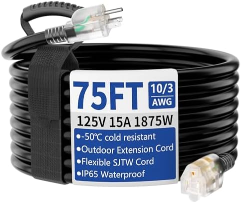 75ft Outdoor/Indoor Extension Cord with Lighted 10/3 Gauge, Black by Unknown