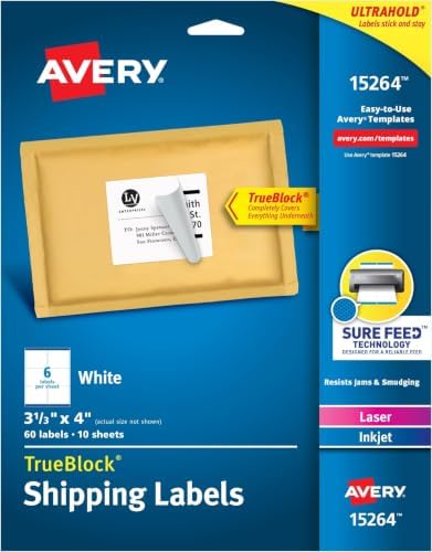 Avery White Shipping Labels | Sure Feed Technology | True Block | 3-1/3" x 4" | 60 Labels, Pack of 5 by Avery