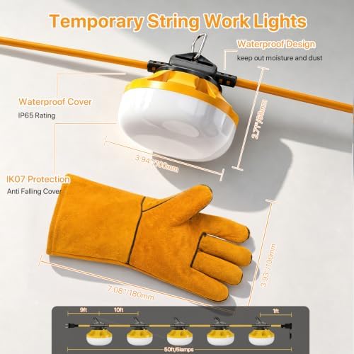 LED Construction String Lights: 50FT IP65 Waterproof ETL Certified Crawl Space Lights - 5000lm 18AWG Wire Linkable Temporary Construction Lighting for attic Lights with 5 Bulbs & Hooks - Image 4