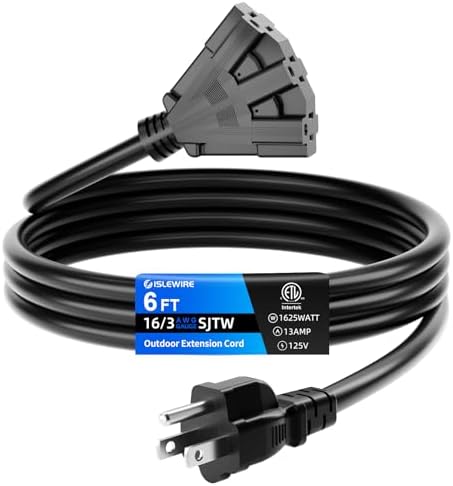 6 FT 3 Outlet Outdoor Extension Cord Waterproof, 16/3 SJTW Black Extension Cord with Multiple Outlets, Heavy Duty 16 Gauge 3-Prong Grounded Power Cable for Garden and Home Use, ETL Listed by ISLEWIRE