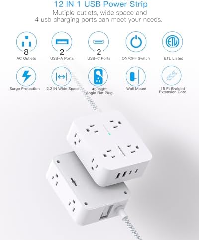 HANYCONY Surge Protector Power Strip 15 Ft Long Cord, 1080J, Flat Plug - Image 2