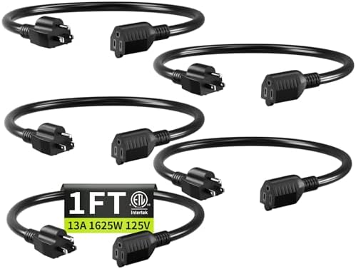 16/3 Black Extension Cord 1FT 5Pack Indoor, Short Extension Cord by Seeklyze