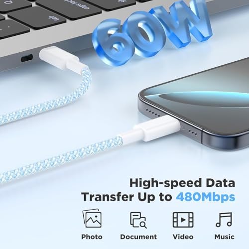 20W USB C Fast Charging for iPhone 17 Air/16/15 Pro Max,2Pack Colorful Mixed Charger Block with Braided Long USB C to C Cables (6/6ft) Compatible with iPhone16/15 Pro/15 Plus/iPad Pro - Image 3