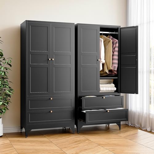 BYNSOE 71" Tall Metal Wardrobe Closet with 2 Drawers, Steel Armoire Cabinet with Hanging Rod and Adjustable Shelves, Freestanding Clothes Storage Organizer Furniture of Metal for Bedroom by BYNSOE