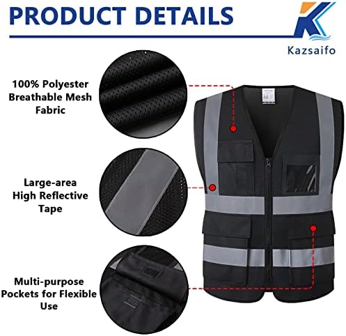 Safety Vest for Men Women with Pockets (KZ170-Black, M) - Image 3