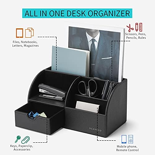 VLANDO Desk Organizer with Drawer, Leather Office Storage Caddy, Black - Image 2