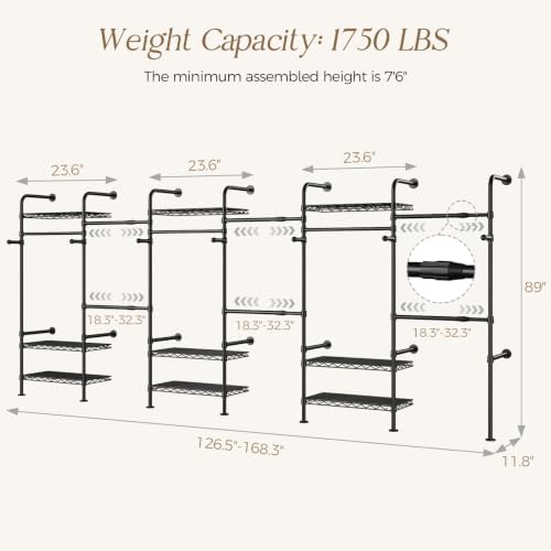 Wall Mounted Closet System, Heavy Duty 6-Row Clothes Rack, Expandable Industrial Pipe Closet Organizers and Storage with 6 Telescopic Rods, 3 Fixed Rods, 7 Hooks & 9 Shelves for Wardrobe, Bedroom - Image 2