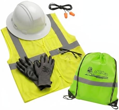 AABACO PPE Safety Kit: High-Visibility Mesh Vest, Full Birm Style Hard Hat, Ear Plugs, Protective Glasses, & Gloves with Drawstring Storage Bag by AabacoEnvironmental