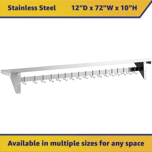 12" x 72" NSF Stainless Steel Wall Shelf, Heavy Duty Pot Pan Rack with Hooks, Commercial Kitchen - Image 2