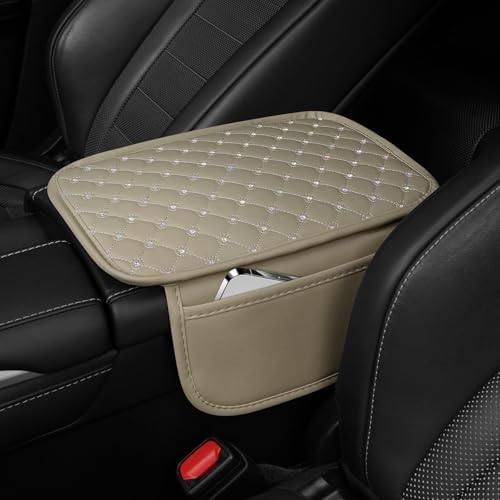 SINGARO Bling Center Console Arm Rest Cover for Car, Middle Console Armrest Storage Box Cover, Interior Bling Car Accessories for Women and Man Gifts Interior Sets (Beige) - Image 2