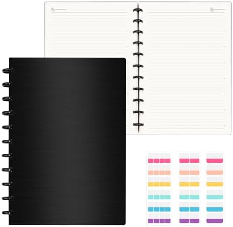 Discbound Notebook, 8-Disc Disbound Planner with Removable Pages, 180 Pages Spiral Notebook, Poly Cover Discbound Planner for Work, Travel, Note Taking(With Index Sticker),Black, A4 by Mosabear