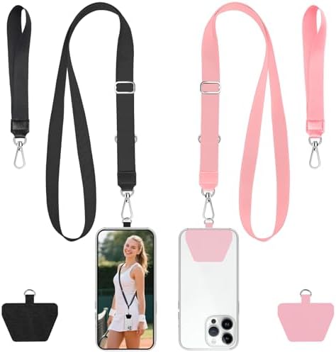 takyu Phone Lanyard, 2 Pack Adjustable Anti-Drop Neck/Wrist Strap with 2 Pcs Tether Patches, Secure Hands-Free Compatible for iPhone Samsung Perfect for Nurses, Teachers, Travel, Hiking Black+Pink by Takyu