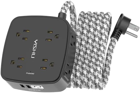 Surge Protector Power Strip - YISHU 8 Outlets with 4 USB (2 USB C) Charging Ports, 10Ft Braided Extension Cord, Flat Plug Multi Plug Outlet Extender Charging Station for Home Office, ETL, Black by YISHU