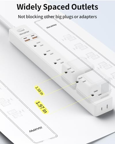 6 Ft Flat Plug Extension Cord Power Strip, 7 AC Outlets 4 USB(2C), 2 Pack - Image 3