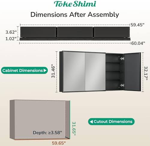TokeShimi 60 x 32 Black Recessed Medicine Cabinet with Mirror, Assembly Required, Bathroom Medicine Cabinet with Mirror, Stepless Adjustable Shelves, Beveled Aluminum Frame, DTC Hinge - Image 2