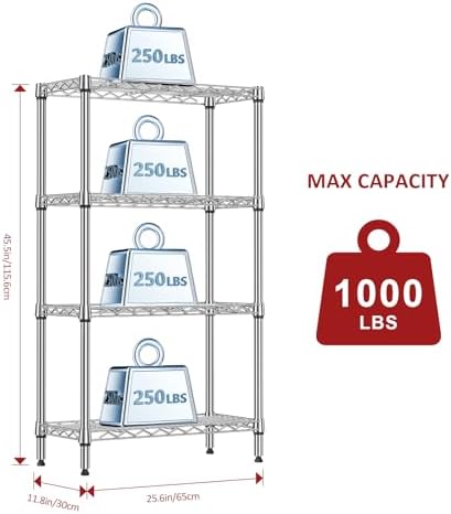 IZEUK 4 Tier Steel Storage Shelves, Heavy Duty Metal Shelf Wire Shelving Rack for Pantry, Kitchen, Living Room, or Office Organization (11.8" D x 25.6" W x 45.5" H, 1000LBS, Chrome) - Image 3