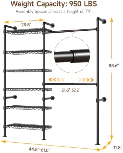 ONBRILL H2 Wall Mounted Clothing Rack, Expandable Industrial Pipe Clothes Rack Garment Racks for Hanging Clothes, Heavy Duty Closet Organizers and Storage in Closet System, Black - Image 2