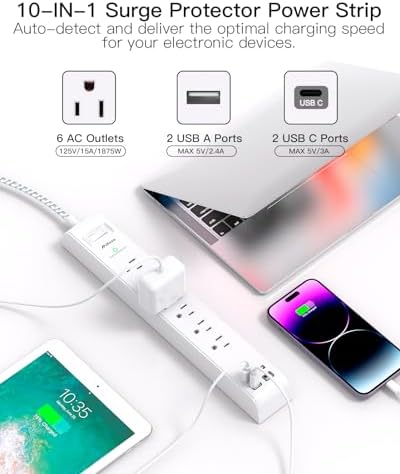 Mifaso Surge Protector Power Strip 10FT, Flat Plug, 6 AC & 4 USB (2 USB-C) - Image 2