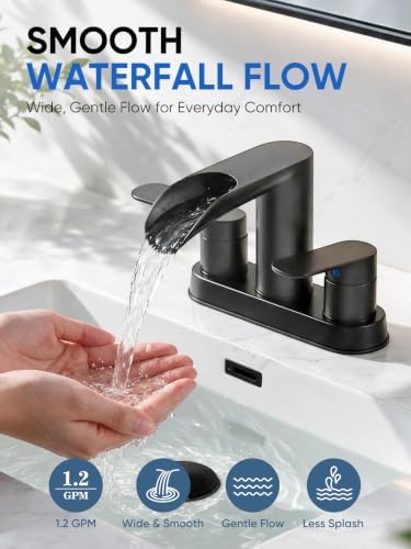 Cobbe Waterfall Bathroom Faucets with Filter, Matte Black Bathroom Sink Faucet 2 or 3 Hole, 4 Inch Centerset with Pop-Up Drain, 2 Handle & Supply Hoses, Lead-Free Stainless Steel for Vanity Sink RV - Image 2