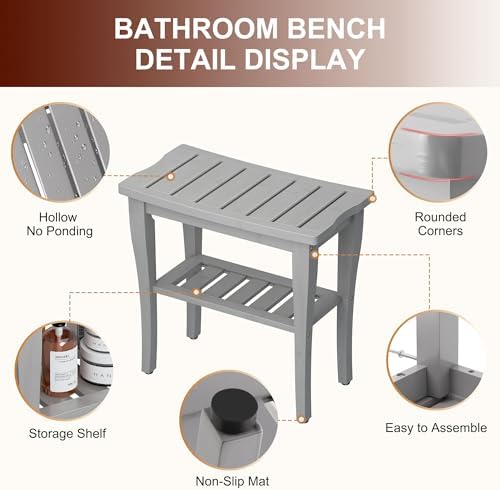 Bamboo Shower Bench Stool with Storage Shelf, Waterproof Shower Chair Spa Bath Seat, Shower Stool for Inside, Bathroom Bench Seat for Adults Elderly Seniors for Indoor or Outdoor Use(Gray) - Image 3