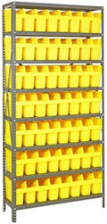 Quantum 1275-SB801YL Heavy Duty Shelving Unit with (8) Shelve and (56) QSB801 Yellow Bins for Garage Warehouse Storage Distribution | 400 lb Load Capacity | 12"D x 36"L x 75"H, Galvanized Carbon Steel by QuantumStorageSystems