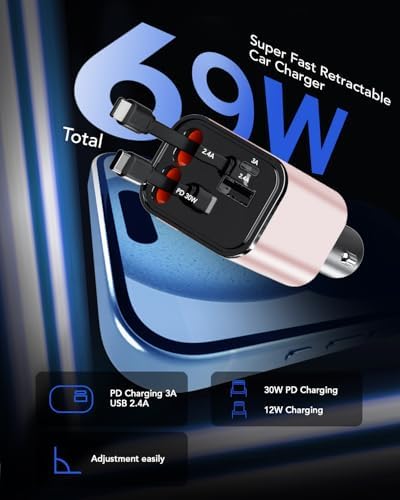 84W Retractable Car Charger,Car Phone Charger USB C Fast Charge for iPhone - Image 5