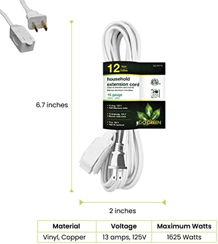 GoGreen Power (GG-24712) 16/2 12' Household Extension Cord, 3 Outlets, White, 12 ft - Image 2