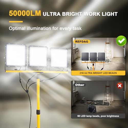 50000Lumen LED Work Lights with Stand - 3 Head Portable Work Light with IP65 Waterproof, Adjustable Stand, 16ft Cord for Construction Sites, Garage, Warehouse Lighting - Indoor Outdoor - Image 4