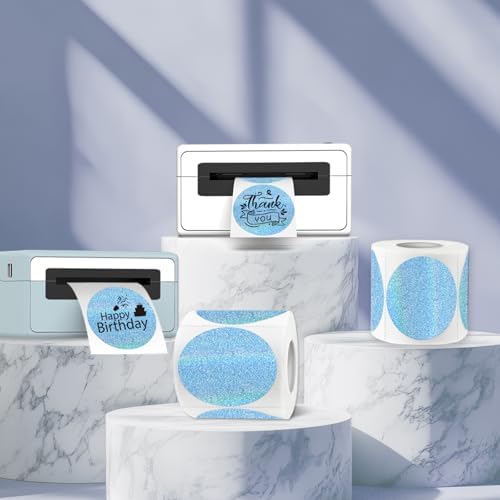 3 Inch Holographic Thermal Labels,Round Thermal Printer Labels,Waterproof Thermal Printer Stickers for DIY Logo Design,Name Tag,QR Code,Thanks Card 150 Labels/Roll (Blue dots) - Image 4