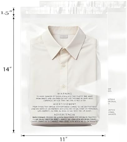 100 Count 11"x14" Strong Self Seal Clear Poly Bags with Suffocation Warning for Packaging, Shipping, T-Shirts, Clothes & FBA, Permanent Adhesive - Image 2
