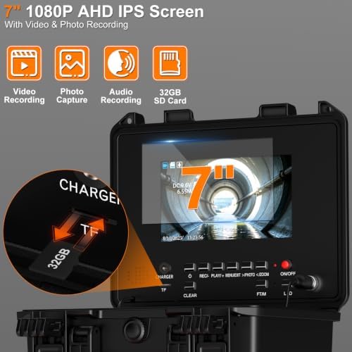 Sewer Camera with Locator, 7" IPS 1080P Pipe Inspection Camera with 512Hz Sonde, Self‑Leveling Plumbing Snake Camera, 100FT 7MM Cable, Meter Counter, Video‑Audio Recording, 20X Zoom, 32GB TF Card - Image 3