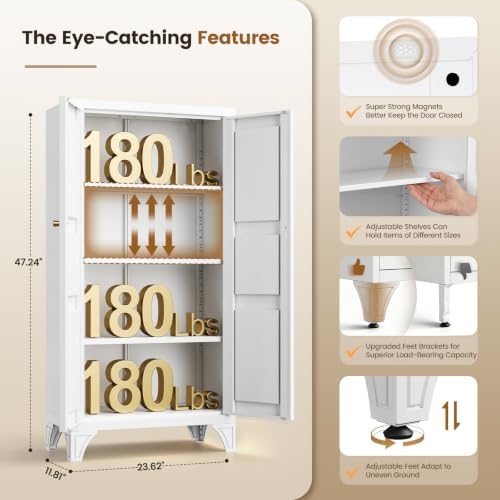 Yizosh Metal Storage Cabinet with Doors and 3 Adjustable Shelves - 47" White Kitchen Pantry Storage Cabinet Locker for Kitchen,Living Room,Dining Room - Image 2