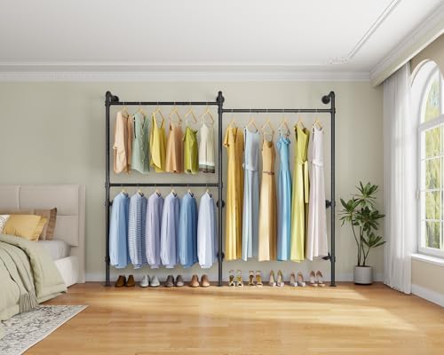 Timate P2 Industrial Pipe Clothes Rack, Wall Mounted Open Closet System with 3 Hanging Rods, L-Shape & Straight Configuration Garment Rack for Closet, Bedroom, Apartment, Retail Display, Black - Image 3