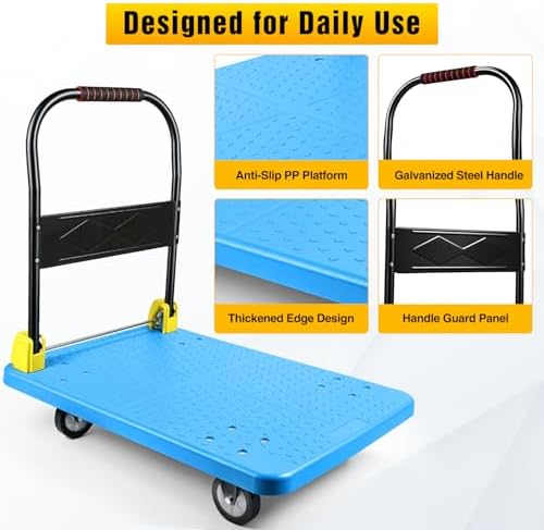 Heavy Duty Platform Cart 1100 lbs Push Cart Dolly with 5 Inch TPR Wheels 35.4 x 23.6 Inch PP Deck Flatbed Cart Platform Truck for Home Garage Warehouse Use Black - Image 6