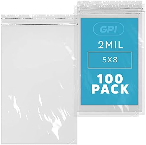 5"x8" Zip Bags, 100 Pack, 2 Mil, Reclosable, for Storage, GPI by GPI