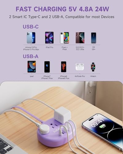 Purple Extension Cord - 10 FT Flat Power Strip - Image 4