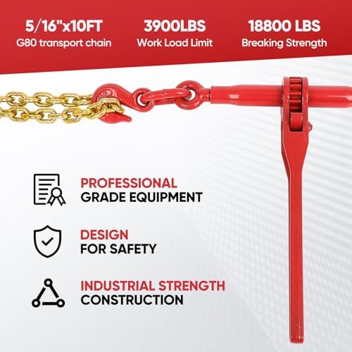 Dollate 2Pack 3/8" to 5/16" Ratchet Chain Load Binder with 5/16"x10FT G80 Heavy Duty Chain, Chain Binder with 5400 Lbs WLL and Chain with 4900 Lbs WLL, Chain Binder and Transport Chain for Tie Down - Image 3